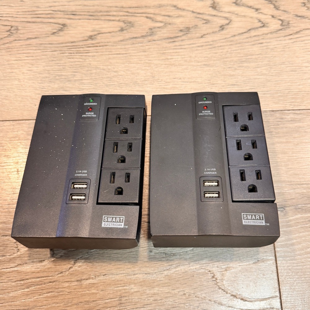 Lot of 2 Smart Electrician Surge Protector 6 Outlet USB 2.1A Charger Black